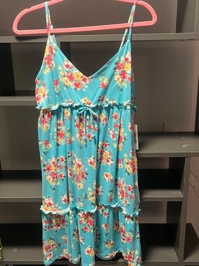 NWT Teal Floral Mini Babydoll Dress with Pink and Yellow Flowers